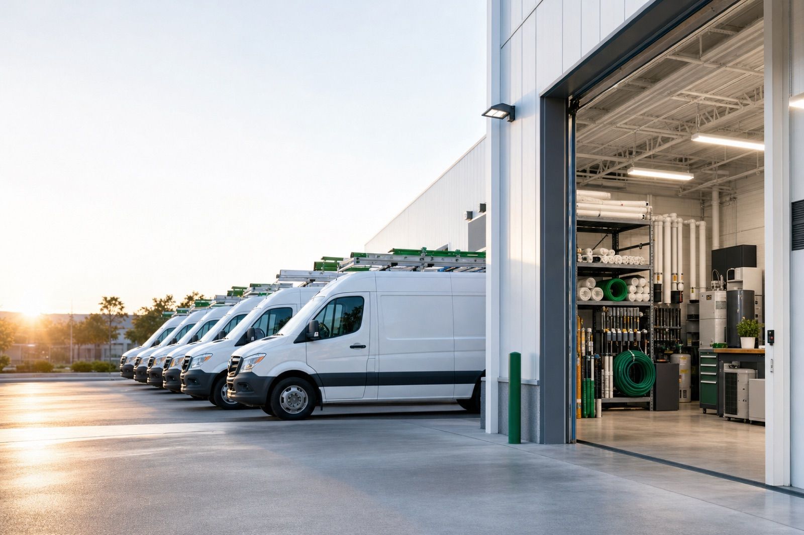Row of white service vans outside a trades workshop at dawn