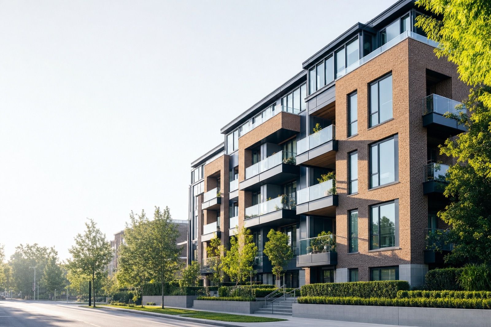 Mid-rise brick apartment building in morning sun