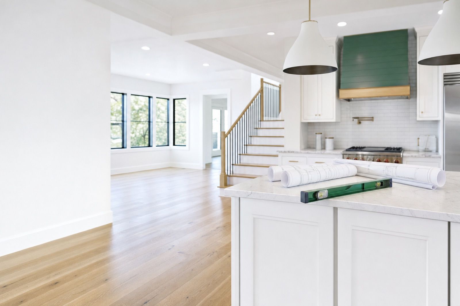 Renovated bright kitchen with plans and a level on the island