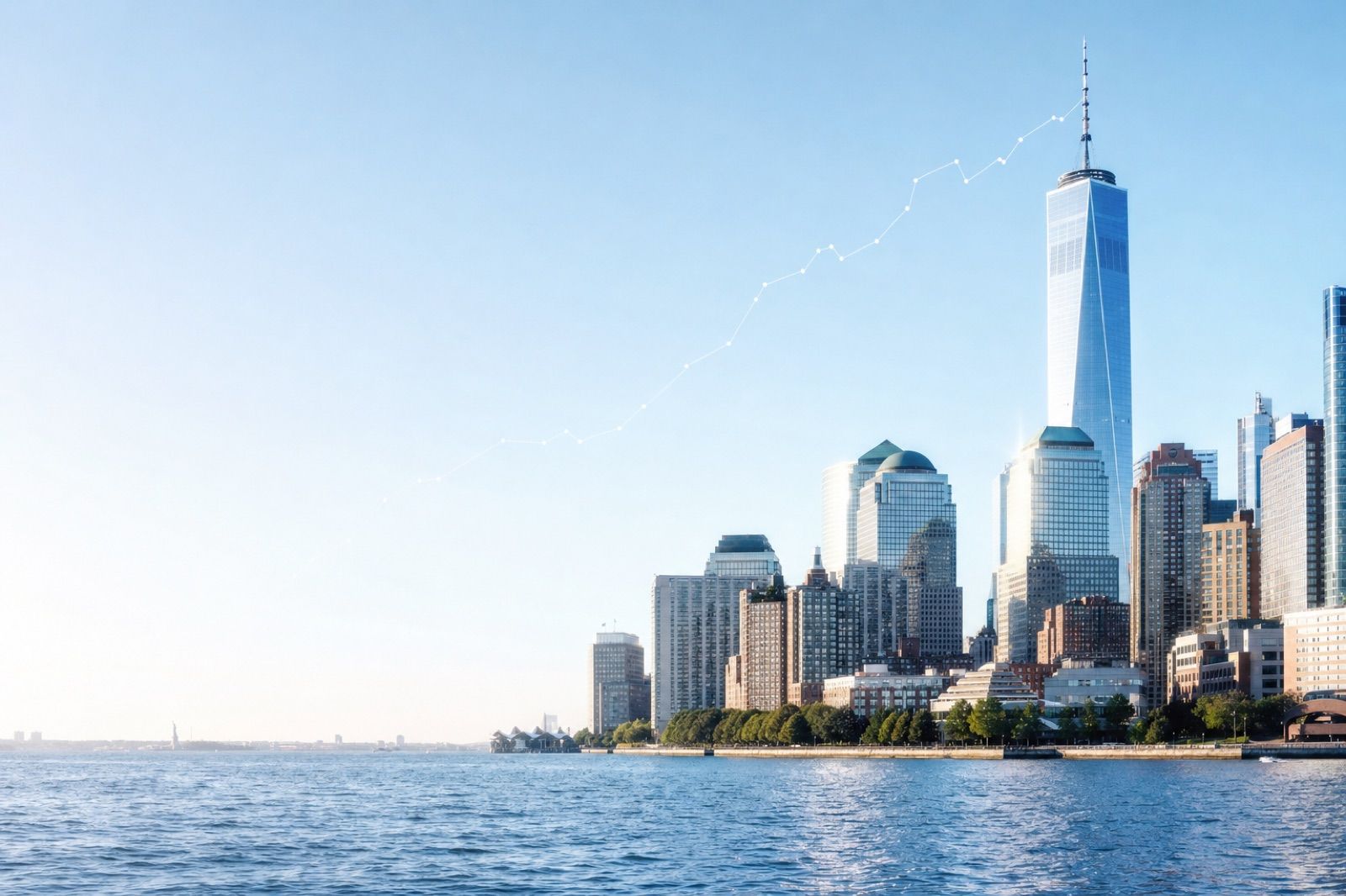 Lower Manhattan's Financial District from the harbor in bright morning light
