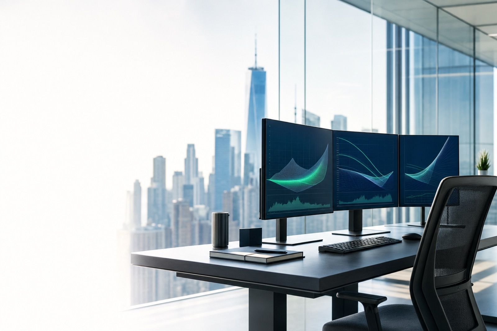 Trading desk with three monitors above the Manhattan skyline